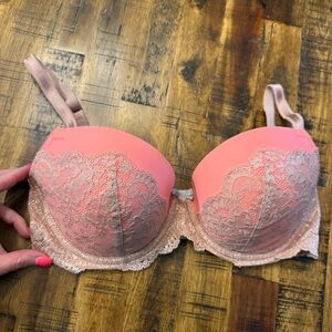 VS Dream Angels lined Demi bra sz 32DD bright coral with tan silver sparkle lace